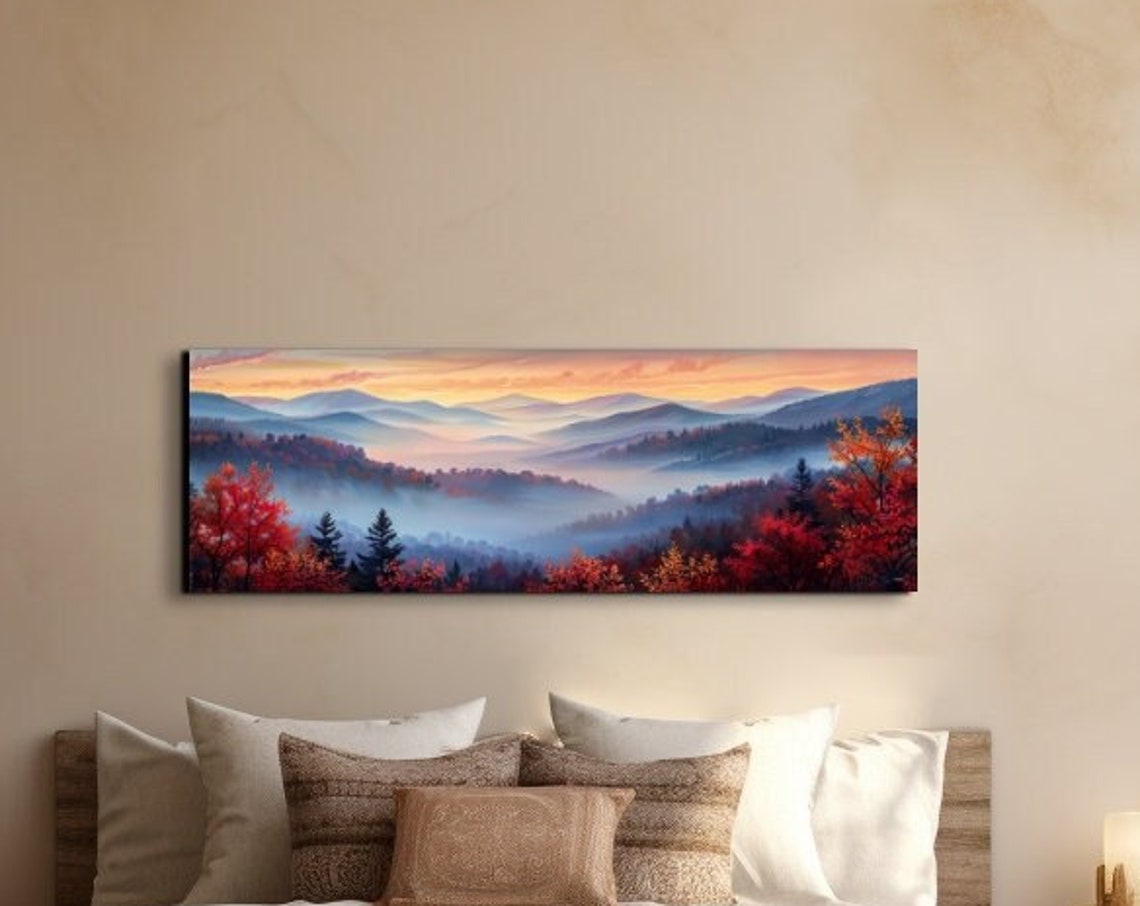 Foggy Mountain Valley Misty Fall Foliage Panoramic Landscape Wall Art
