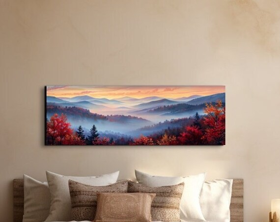 Foggy Mountain Valley Misty Fall Foliage Panoramic Landscape Wall Art