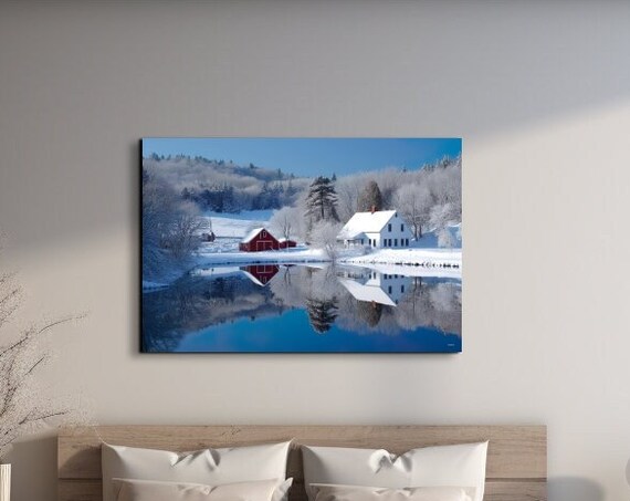 Red Barn Farmhouse Snowy Lake Reflection Winter Landscape Poster