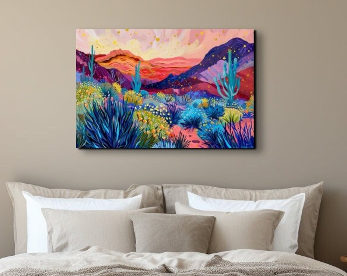 Neon Desert Sunset With Blue Agave and Red Mountains Wall Art