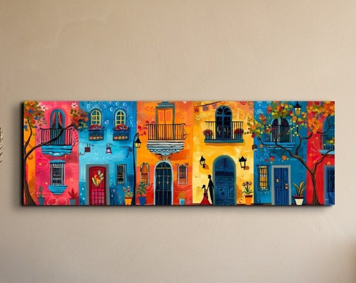 Colorful Mexican Colonial Street Facades Panoramic Folk Poster