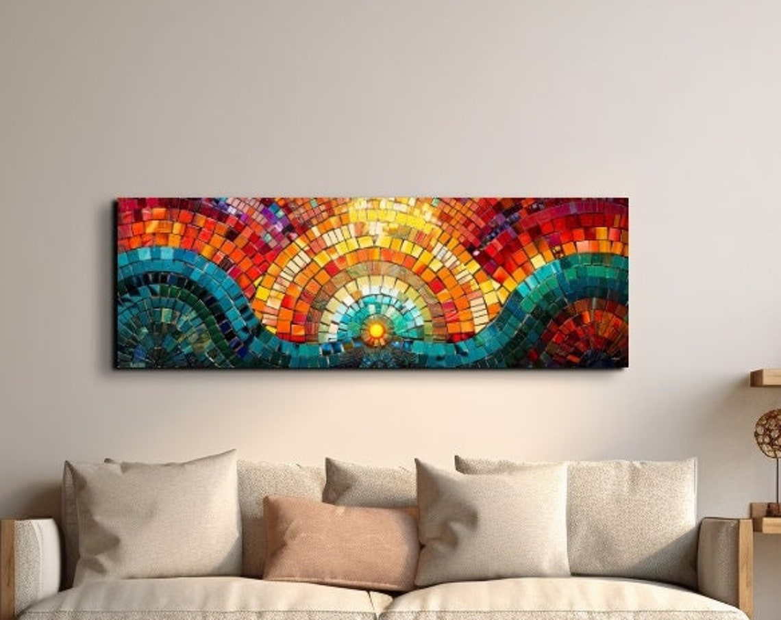 Mosaic Sunrise Over Ocean Waves Panoramic Colorful Art Poster