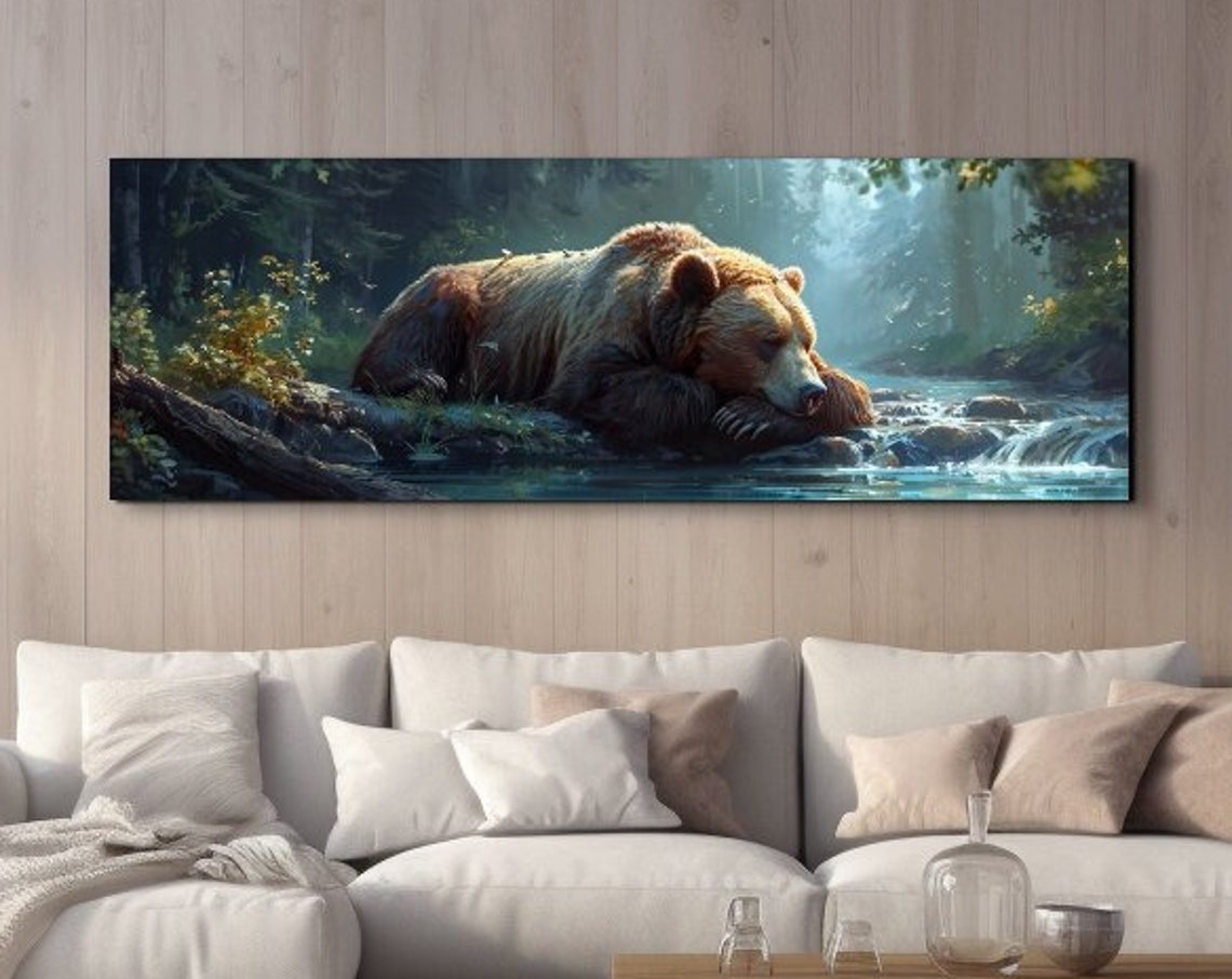 Panoramic Sleeping Bear by Forest Stream Misty Wildlife Poster