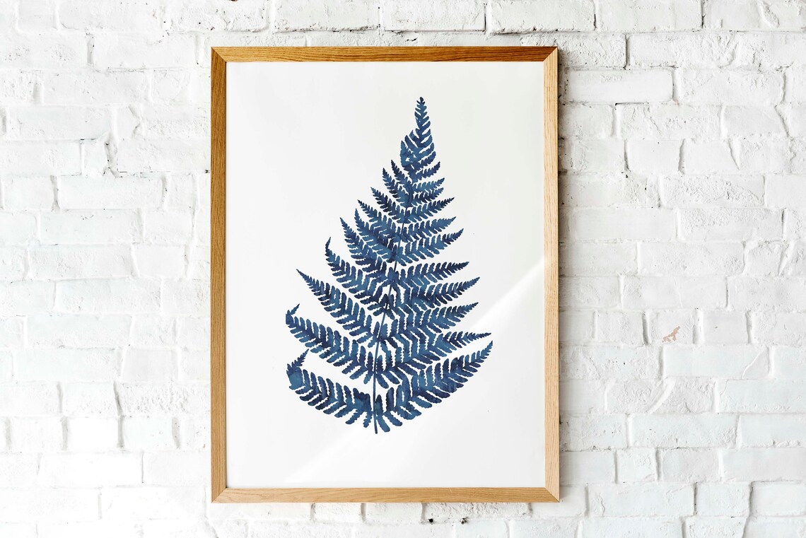 Indigo Blue Fern Leaf Watercolor Botanical Single Frond Print - Image 3