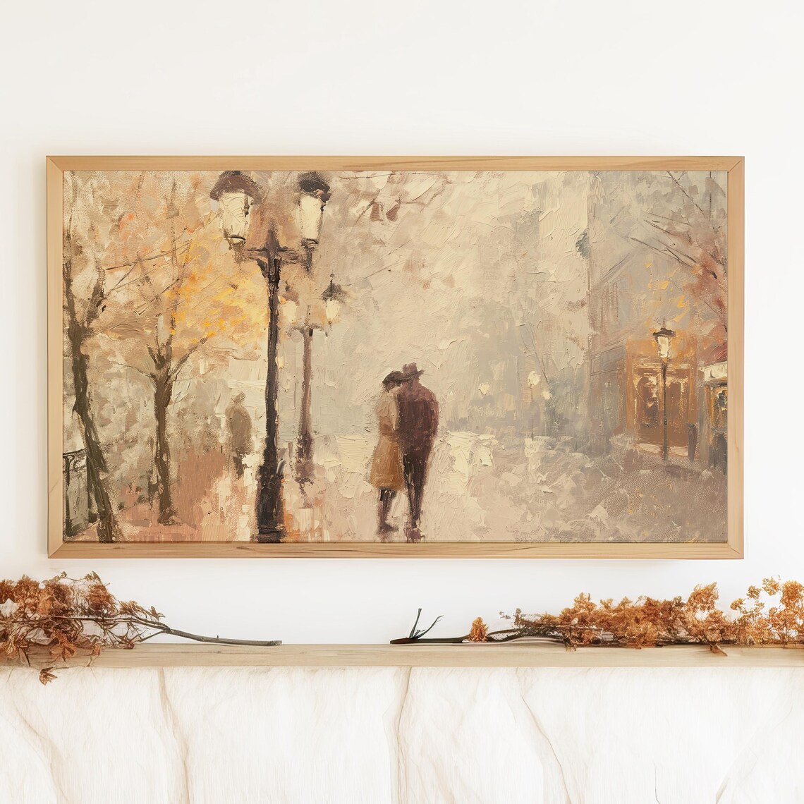 Romantic Couple Strolling Winter Street Lamps Vintage Love Art Poster - Image 3