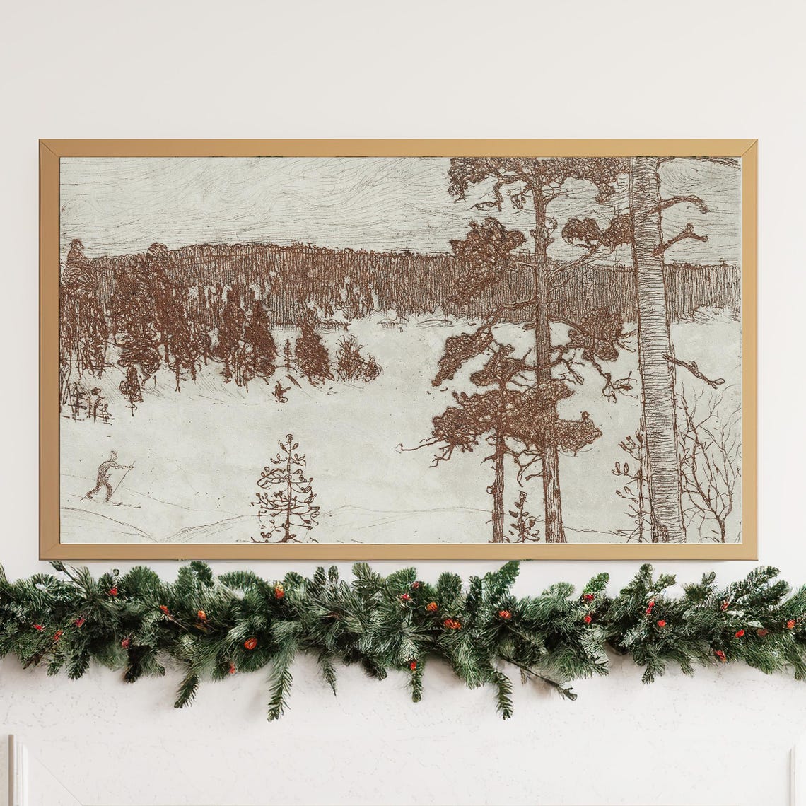 Brown Ink Sketch Snowy Forest Skier Vintage Winter Art Poster - Image 3