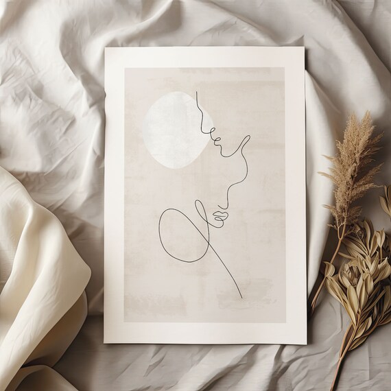 Boho Line Art Lovers Kissing Beneath the Moon Minimal Poster