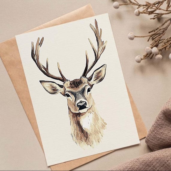 Deer Portrait Poster In Scandi Style Vintage Art Print Of A Deer With Large Antlers Watercolor Illustration