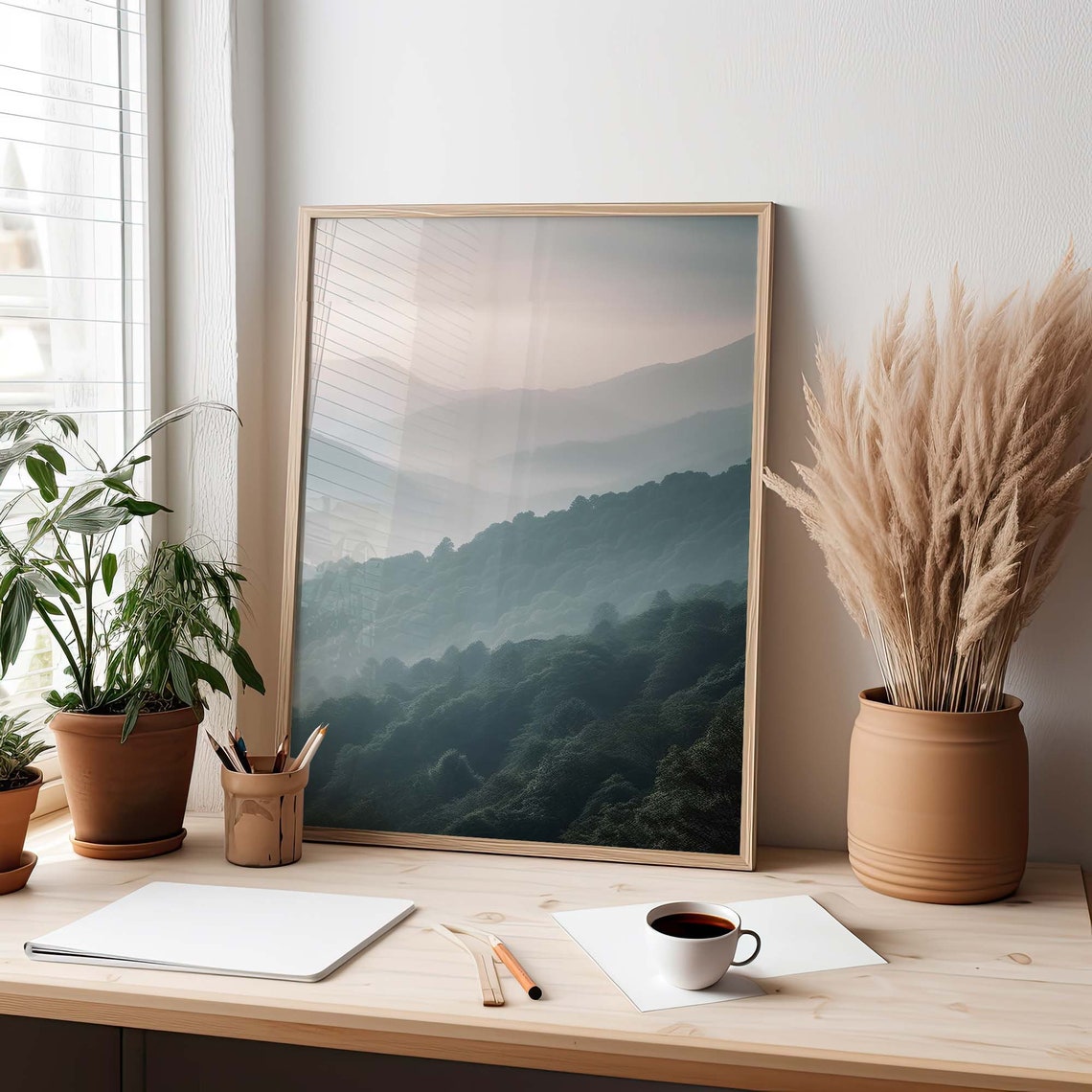 Misty Forest Mountains in Fog With Soft Sage Green Nature Poster - Image 2