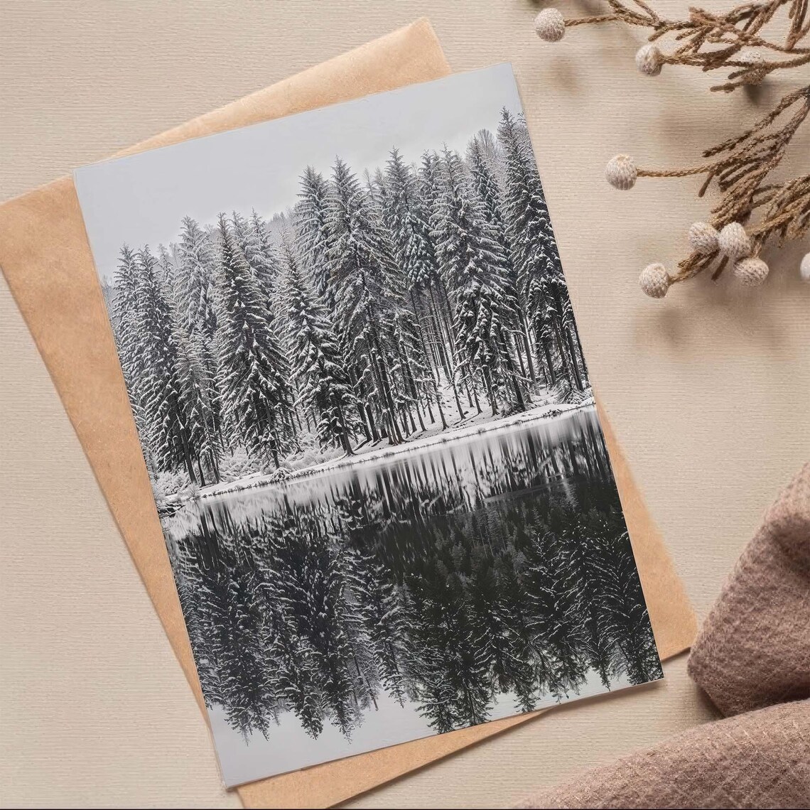 Snowy Lake In The Forest, Black And White Nature Art Print - Image 2