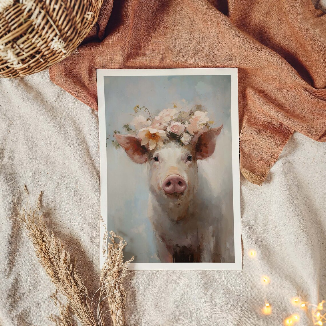 Anna the Pig with Flower Wreath Oil Painting