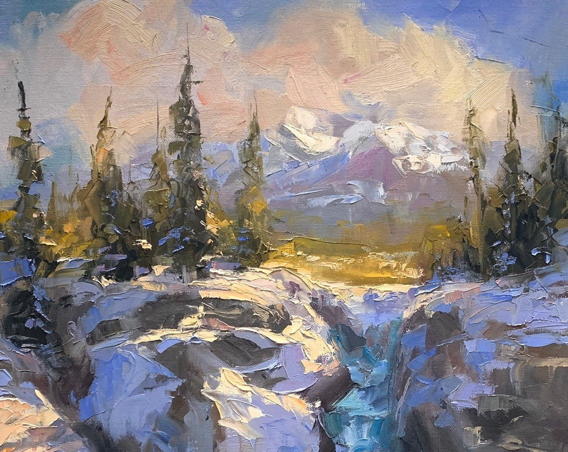 Snowy Winter Creek Pine Trees Mountain Stream Impressionist Art Poster
