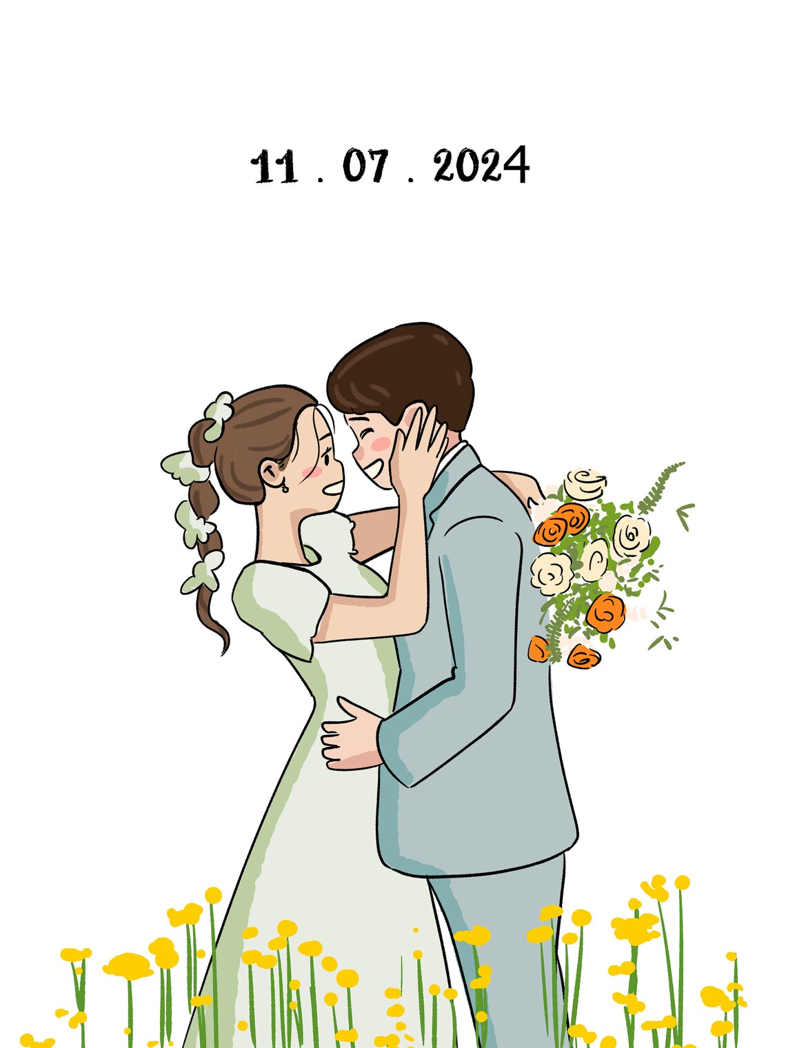 Cute Cartoon Kissing Wedding Couple in Wildflower Field Art Poster - Image 3