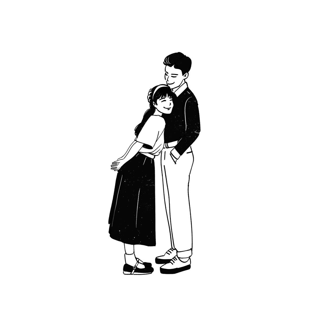 Sweet Minimalist Young Couple Half Heart Line Drawing Portrait Poster - Image 3