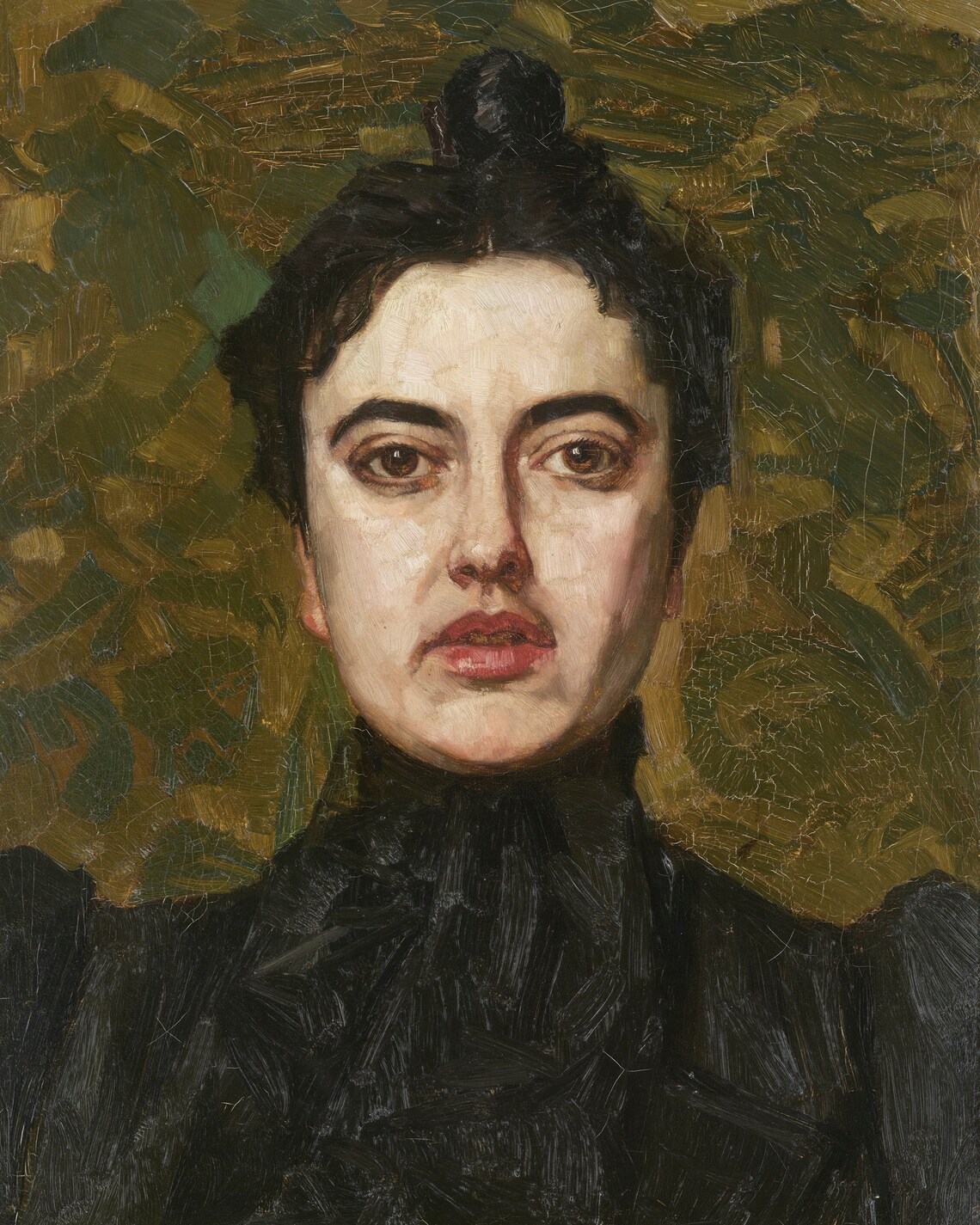 Antique Oil Portrait of Dark Haired Woman in Black Dress Moody Wall Art - Image 3