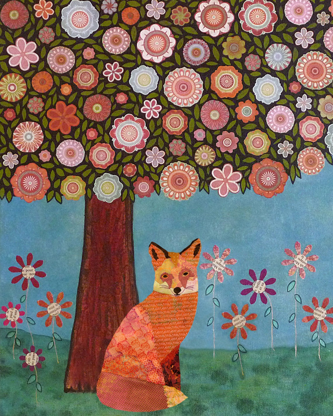 Playful Fox Under Flowering Tree Whimsical Nursery Collage Art Poster