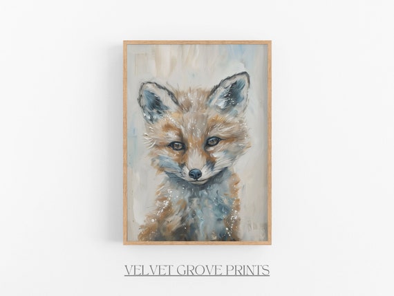 Baby Fox Oil Painting Vintage Nursery Art Print