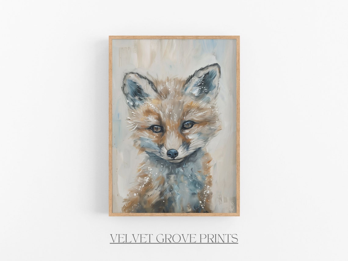 Baby Fox Oil Painting Vintage Nursery Art Print