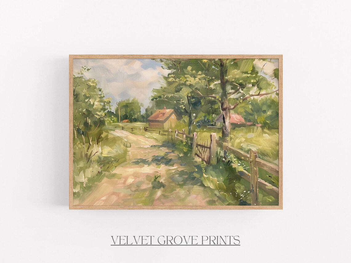 Sunlit Country Lane To A Farmhouse Vintage Summer Landscape Print
