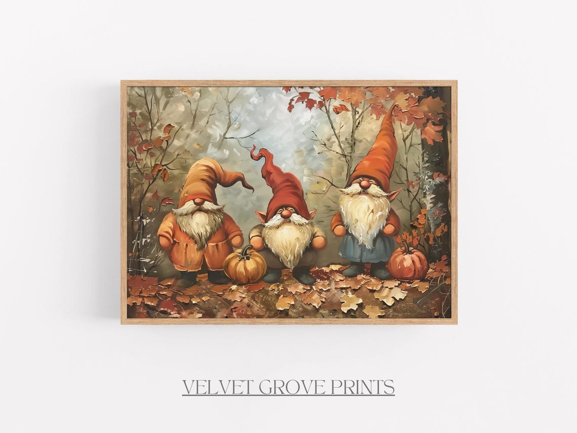 Cozy Fall Gnomes Pumpkins Autumn Leaves Harvest Decor Poster