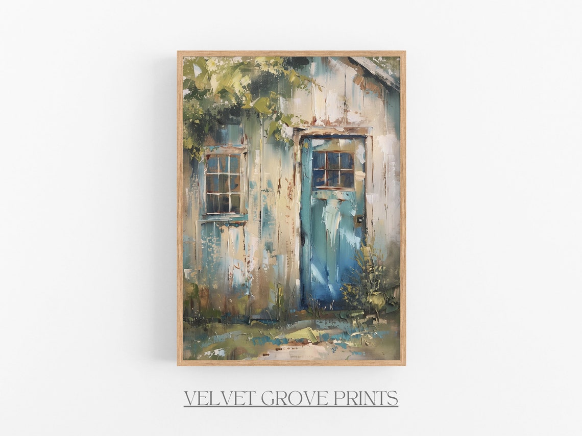 Rustic Blue Door Weathered Cottage Vintage Oil Painting Poster