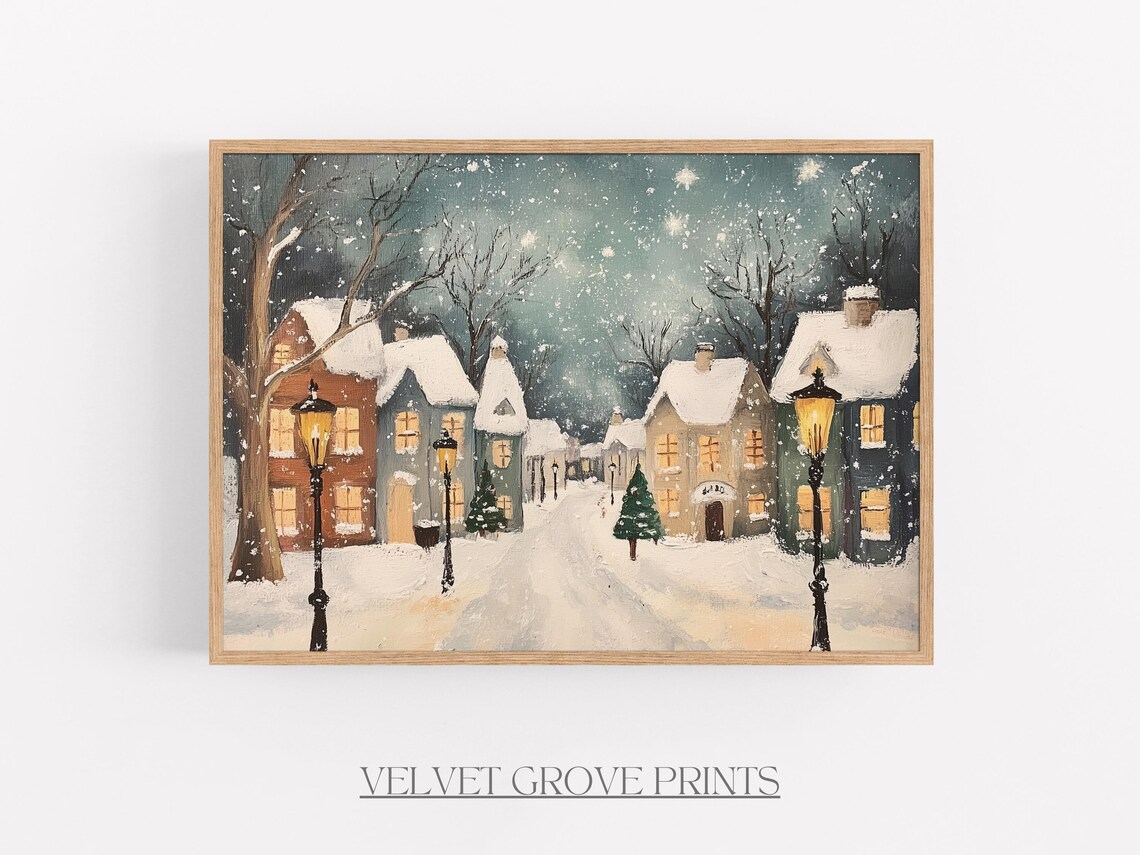 Snowy Winter Town Street Lamps Night Scene Vintage Oil Painting Print