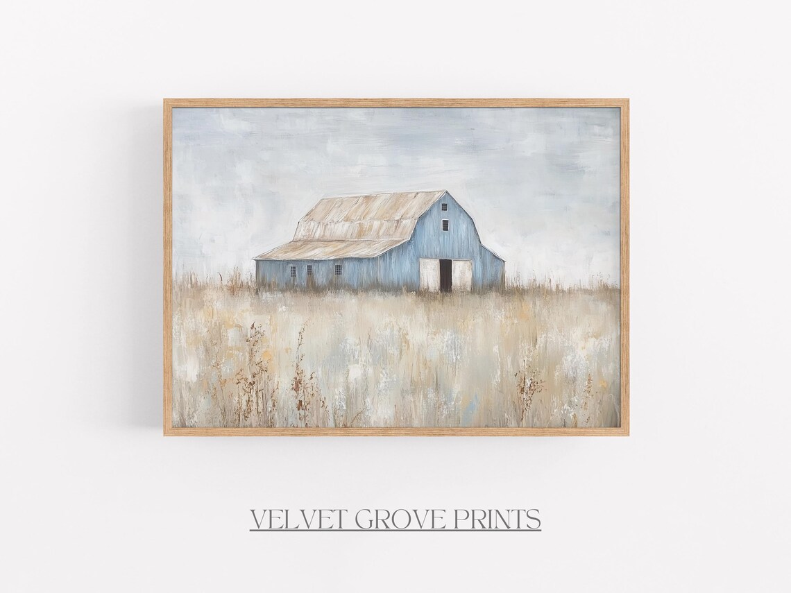 Blue Barn Standing Alone In Golden Field Farmhouse Painting Print