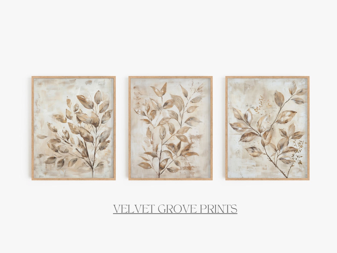 Neutral Beige Botanical Branches Set Of Three Framed Art Poster