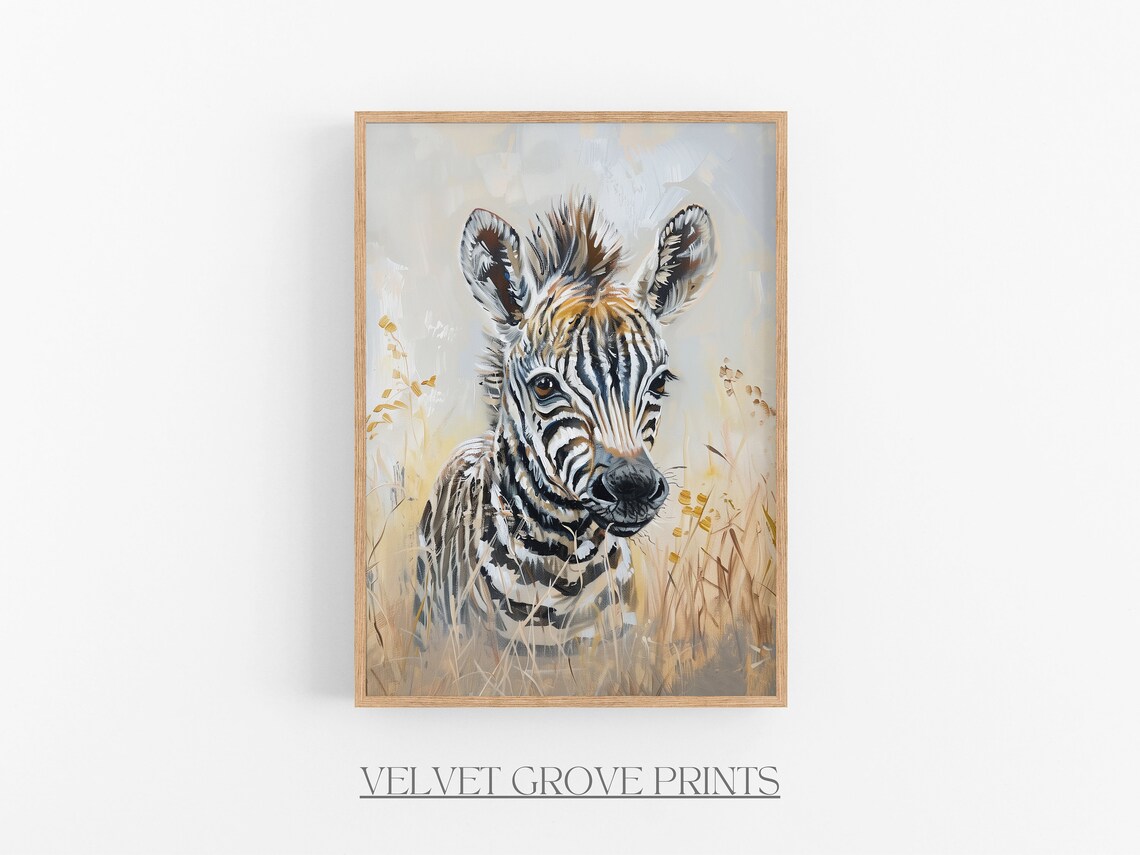 Baby Zebra Portrait In Golden Savanna Grass Soft Nursery Painting Print