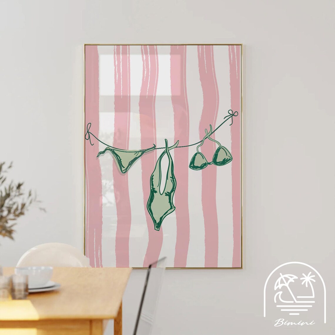 Pink Bikini Line Wall Art Watercolor Swimwear Coastal Decor Gift