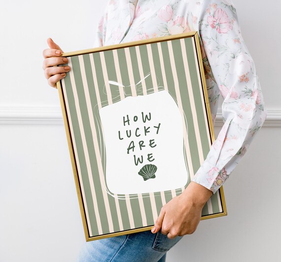 How Lucky Are We Coastal Quote Green Stripe Seashell Wall Art