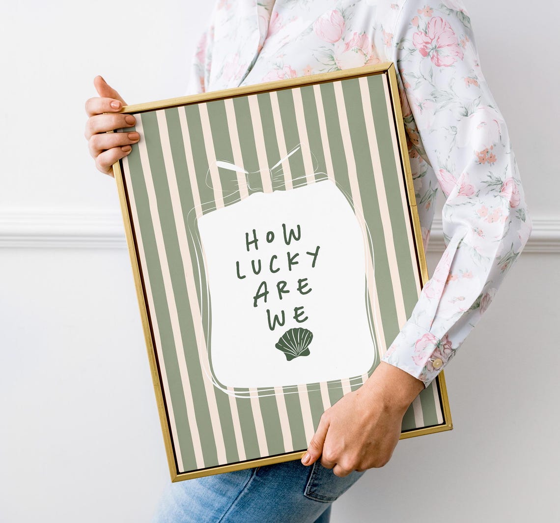 How Lucky Are We Coastal Quote Green Stripe Seashell Wall Art