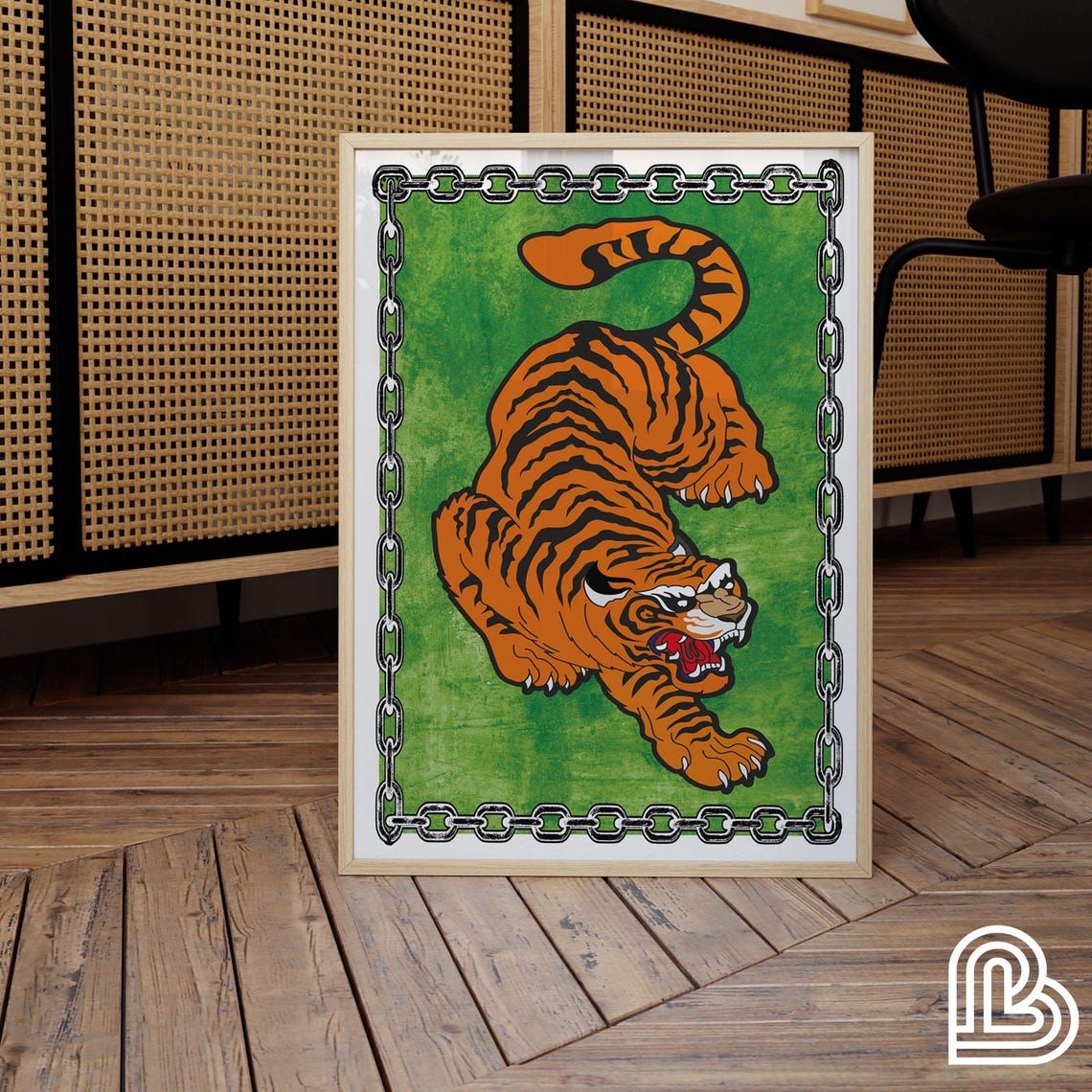 Roaring Tiger Tattoo Style Green Jungle Bold Chain Frame Art Poster