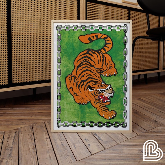 Roaring Tiger Tattoo Style Green Jungle Bold Chain Frame Art Poster