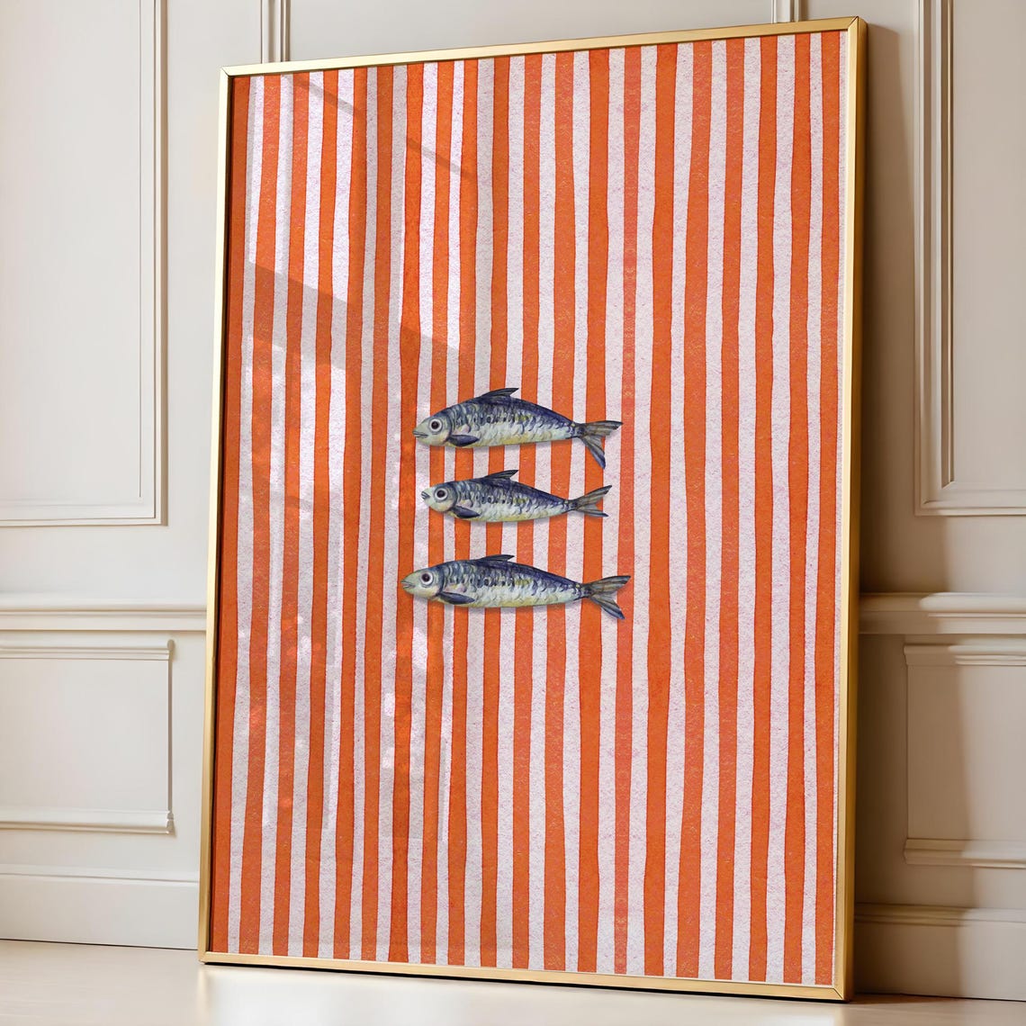 Red Striped Sardines Kitchen Wall Art Painted Fish Trio Decor