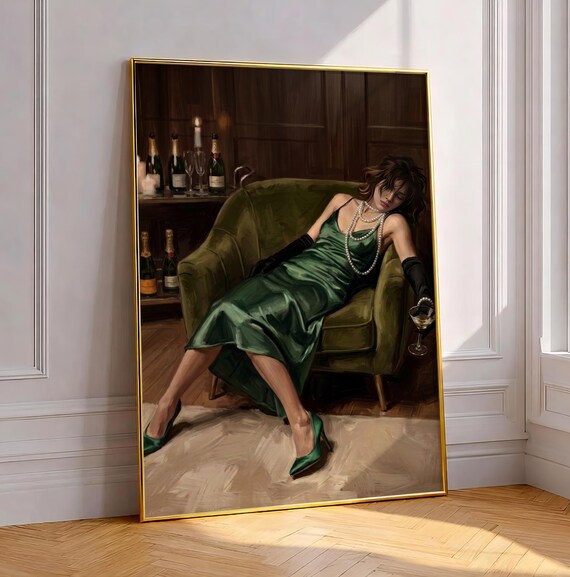 Old Hollywood Glamour Woman Champagne Green Satin Gown Poster