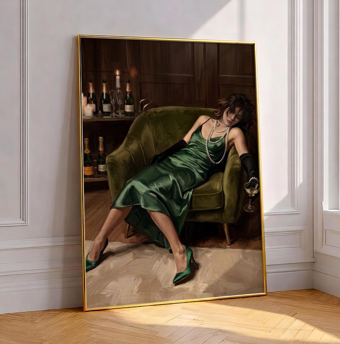 Old Hollywood Glamour Woman Champagne Green Satin Gown Poster