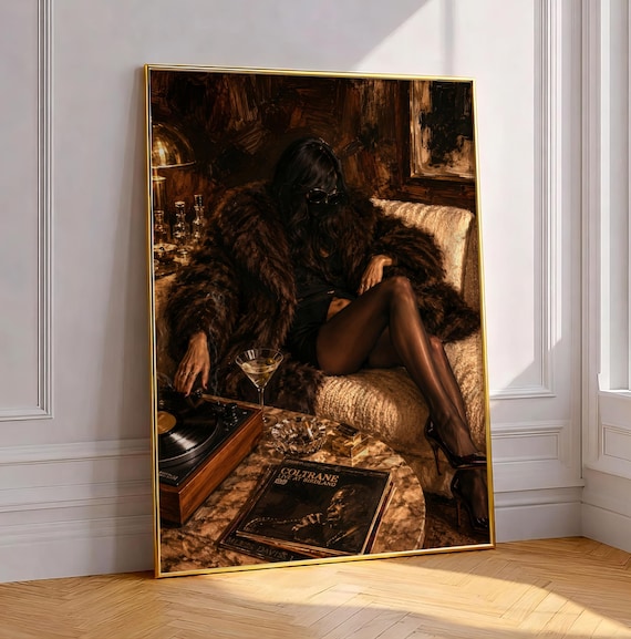 Mob Wife Wall Art Dark Feminine Old Money Fashion Poster Moody Jazz Bar Decor High Editorial Print Vinyl Record Player Painting