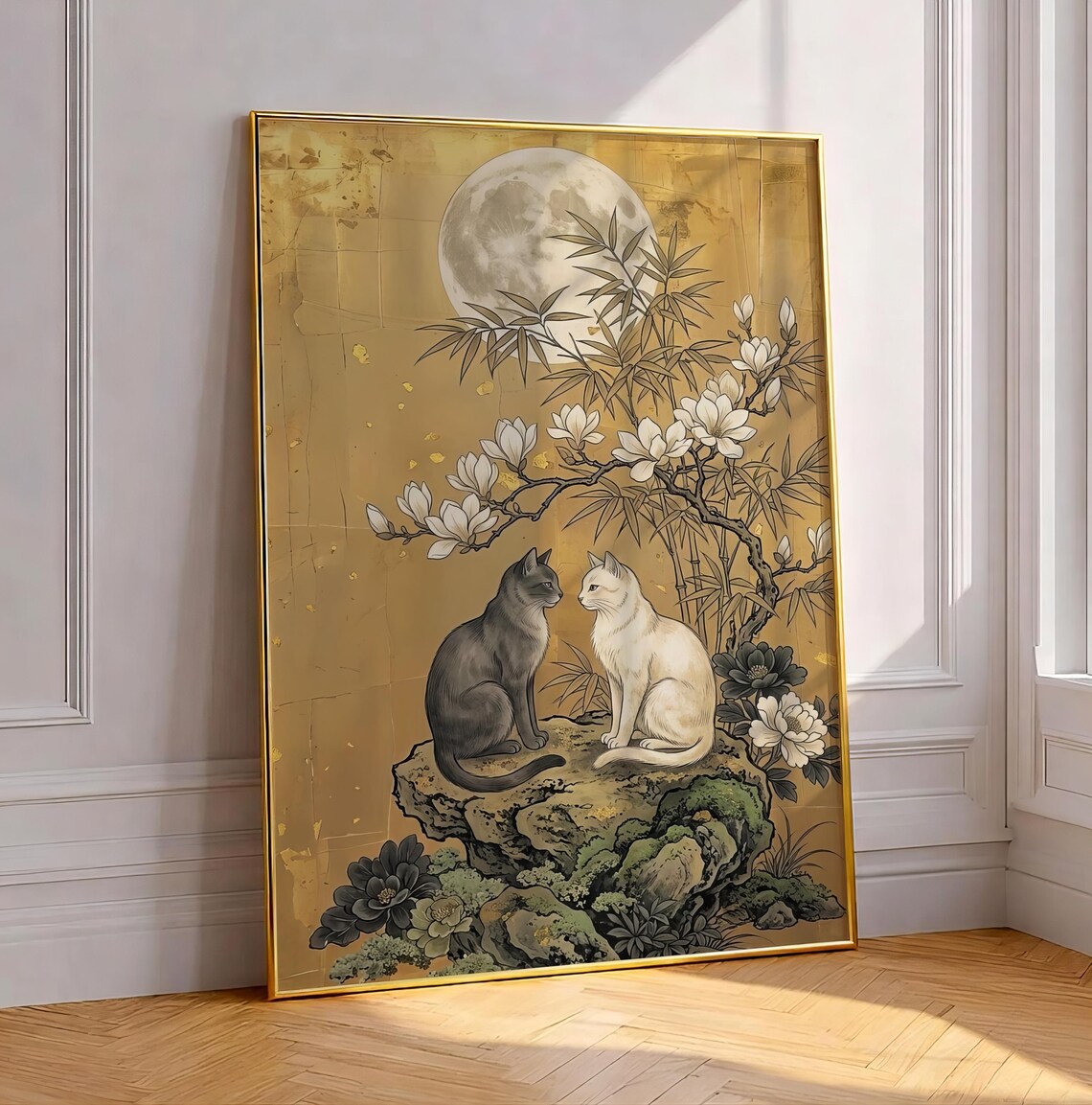 Japanese Cat Gold Moon Poster, Japandi Decor
