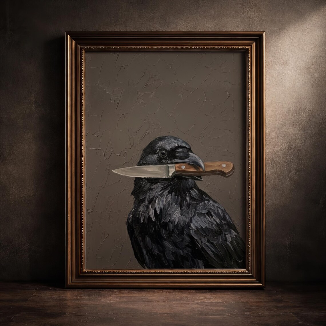 Crow Holding Knife in Beak Dark Academia Gothic Bird Oil Painting Poster