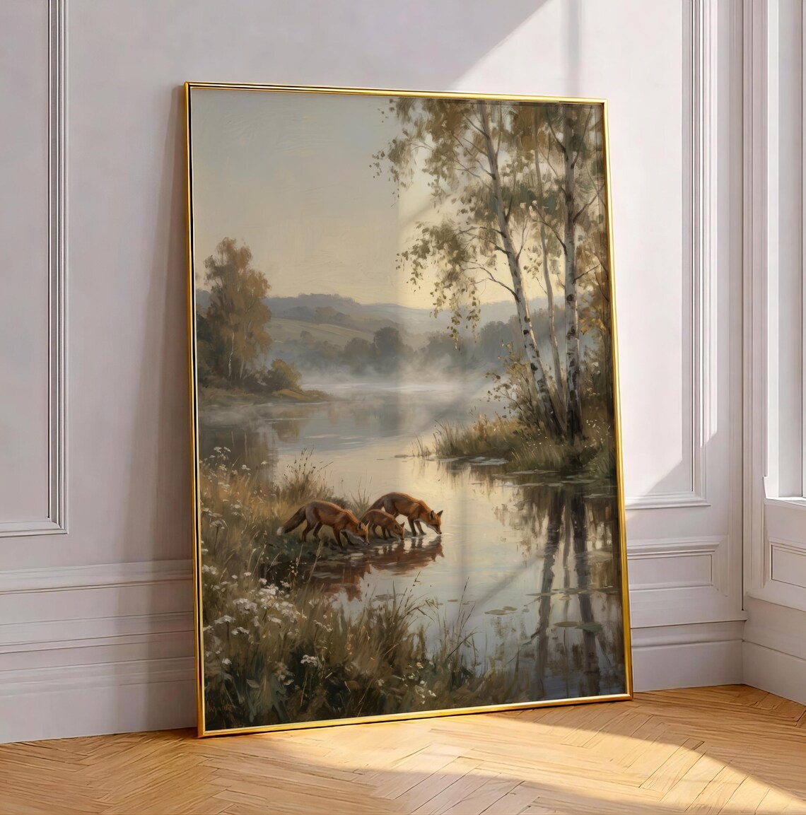 Vintage Fox Family Drinking at Misty Birch Lake Woodland Wildlife Poster