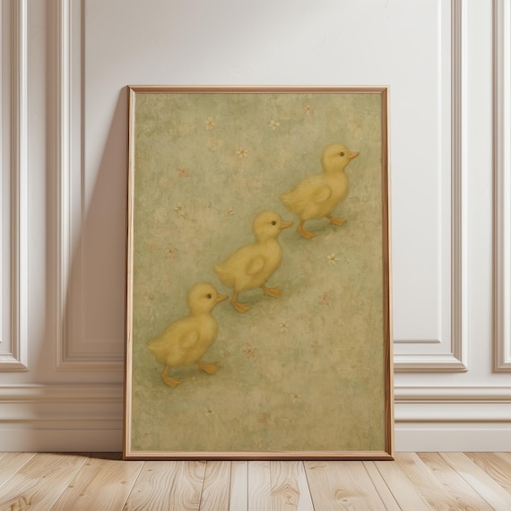 Three Sweet Yellow Ducklings Marching Vintage Nursery Poster