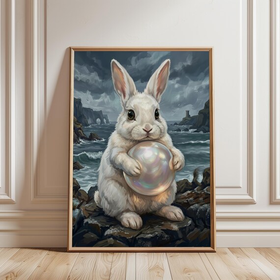 White Rabbit Reading Art Print Dark Academia Bunny Wall Decor Moody Cottagecore Painting Gothic Storybook Printable Digital Download