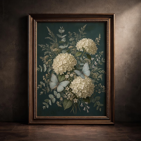 Moody Floral Butterfly Print Dark Cottagecore Wall Art Vintage Hydrangea Botanical Decor Teal Flower Poster Digital Download