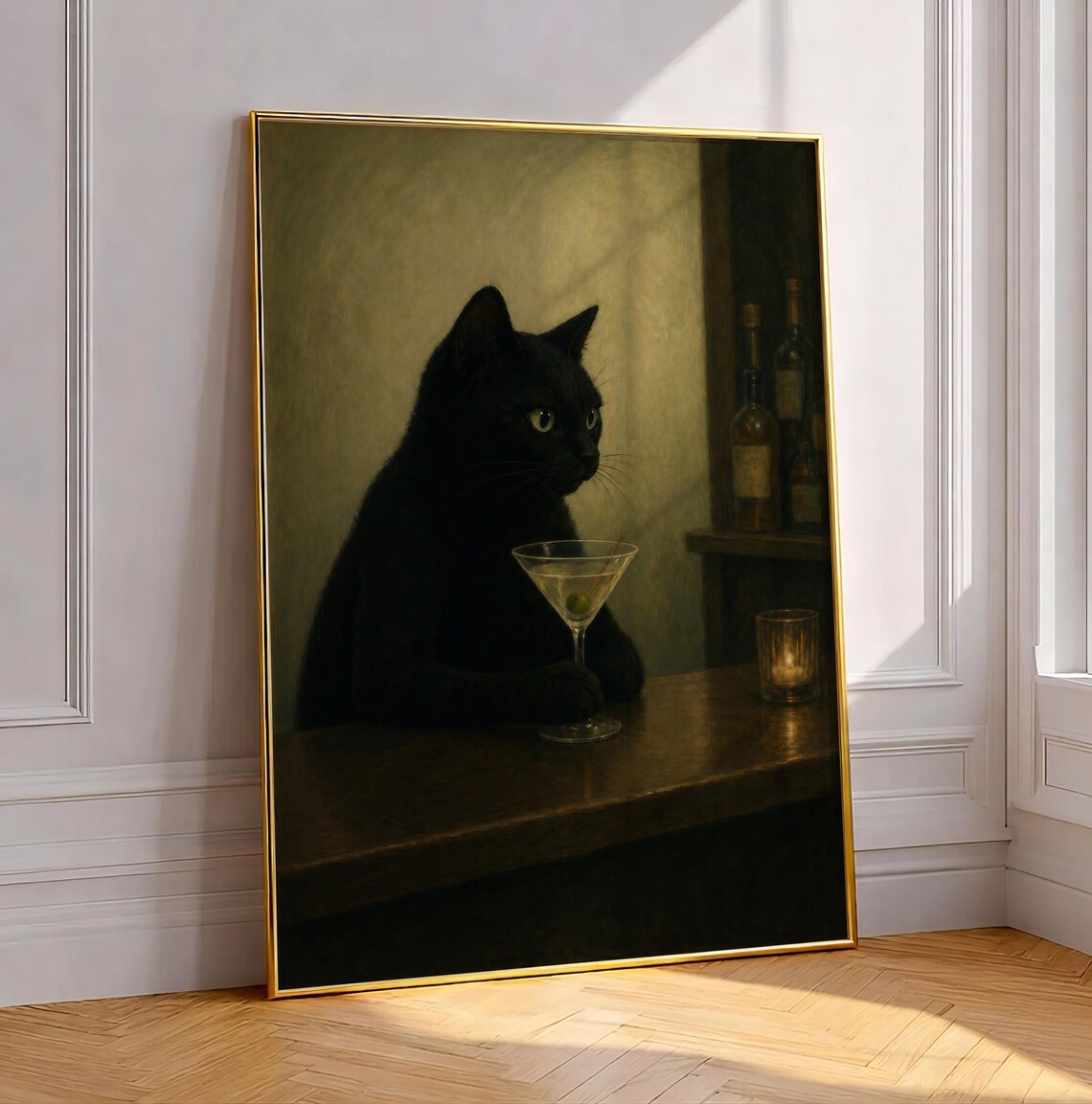 Black Cat At Bar Martini Gothic Animal Art Print