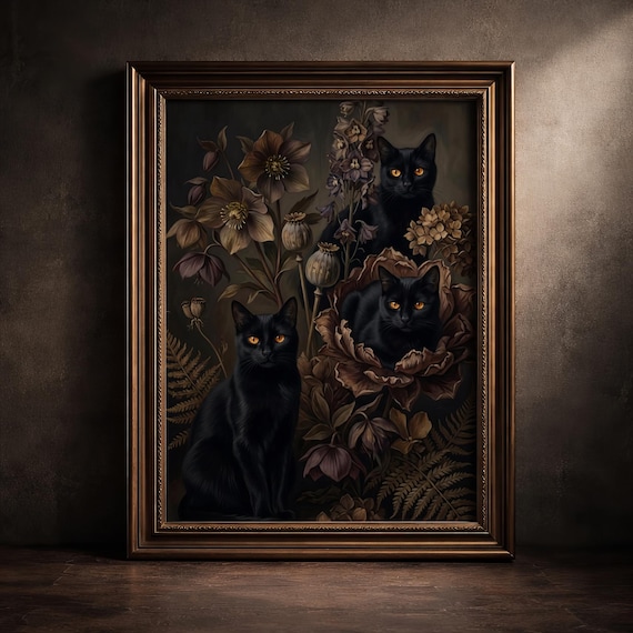 Dark Moody Black Cat Wall Art Vintage Gothic Botanical Flower Print Victorian Floral Painting Cottagecore Maximalist Witchy Poster