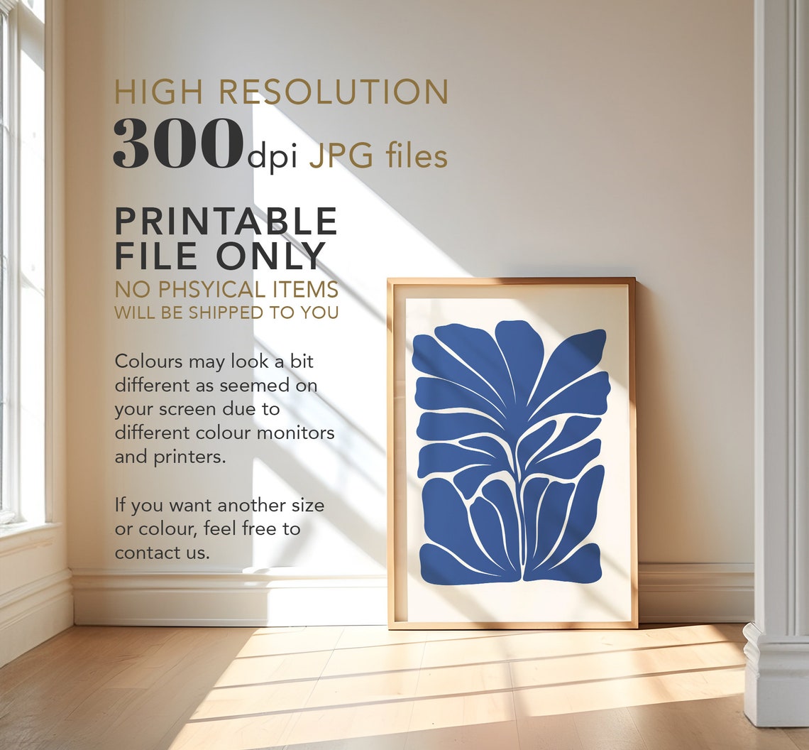 Cobalt Blue Floral Cutout Modern Botanical Gallery Wall Poster - Image 2