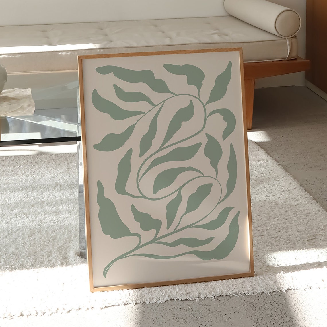 Sage Green Botanical Leaf Abstract Minimalist Scandi Wall Art