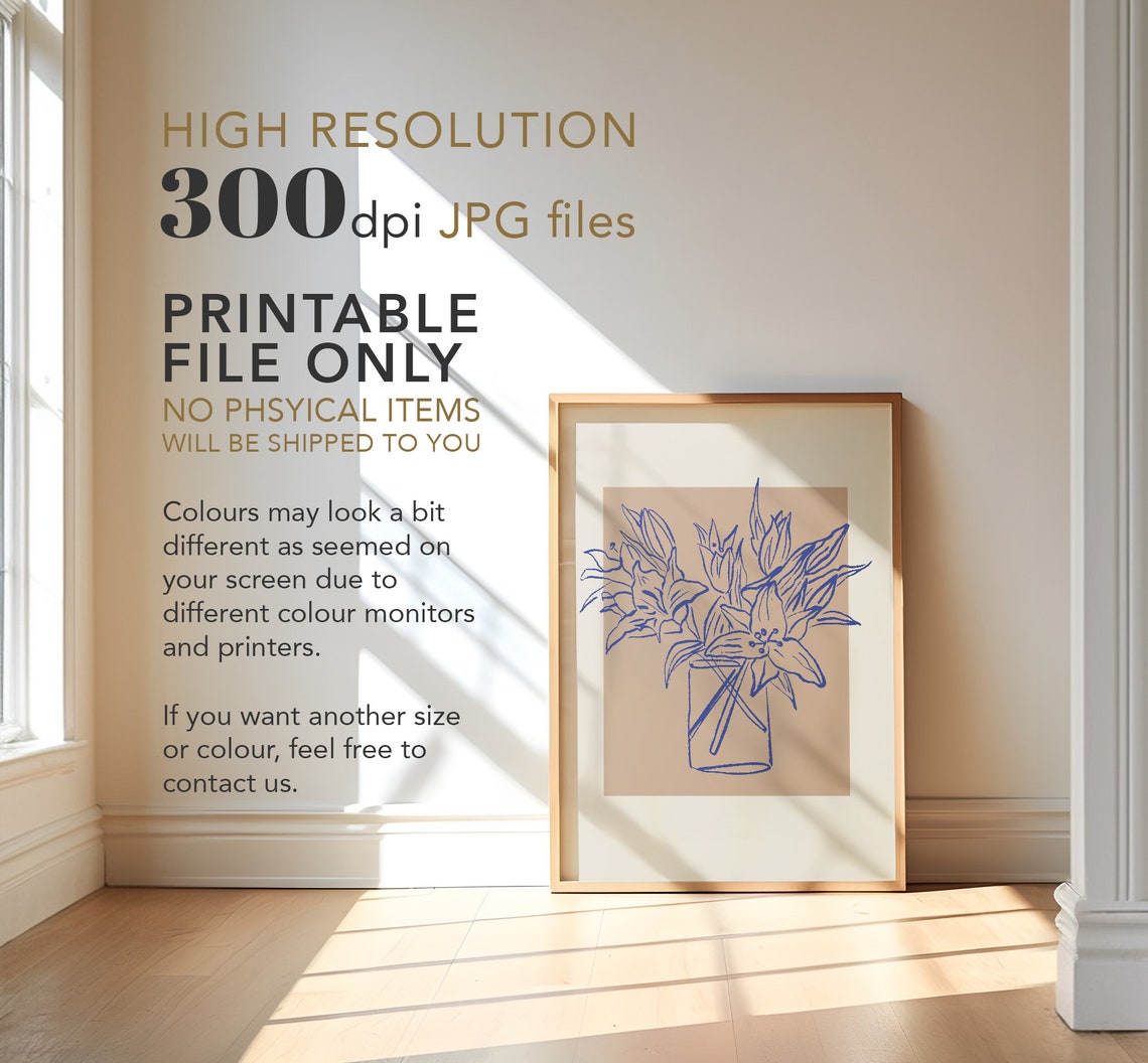 Blue Line Flower Vase Sketch Beige Botanical Minimalist Floral Poster - Image 3
