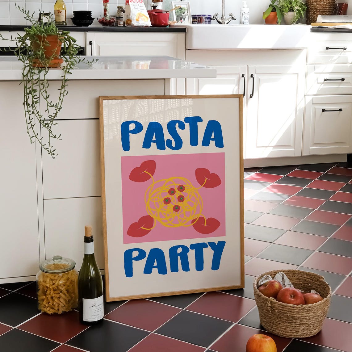 Fun Pasta Party Retro Kitchen Blue Pink Spaghetti Dinner Poster - Image 2